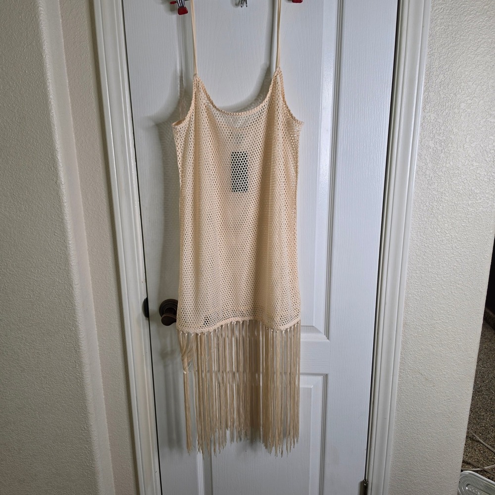 Wild Fable Cream Mesh Fringe Swim Cover Up Dress Small Sleeveless Fishnet